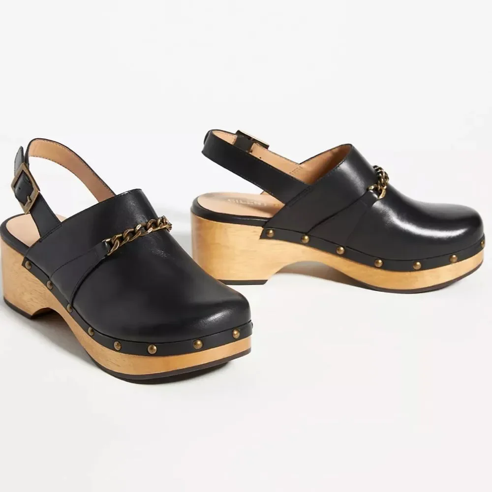 Anthropologie Silent D Georgia Wood Clogs Black Leather Chain Detail NWOB US 8.5